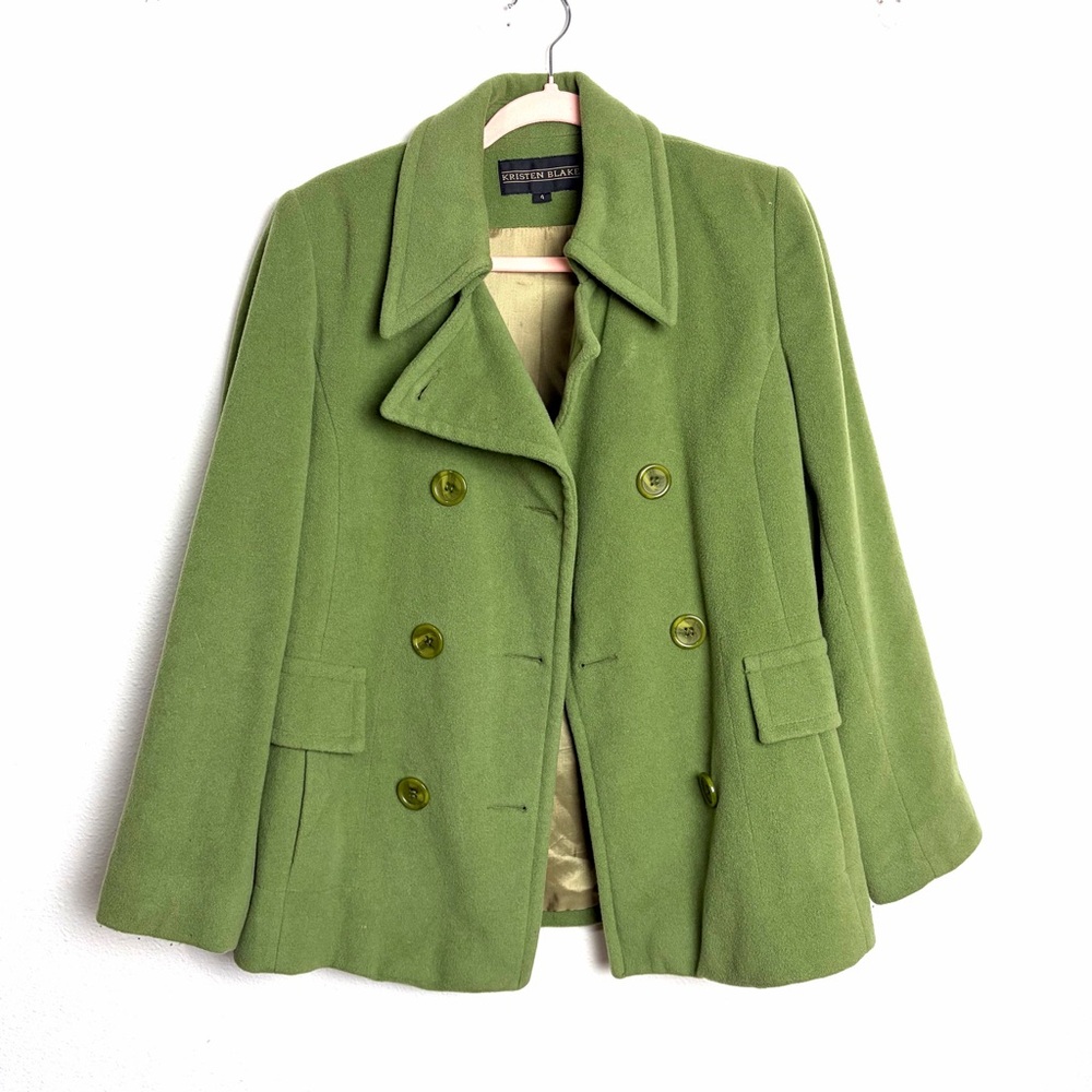 Kristen Blake avocado green Pea Coat y2k retro wool jacket sz 4 cropped